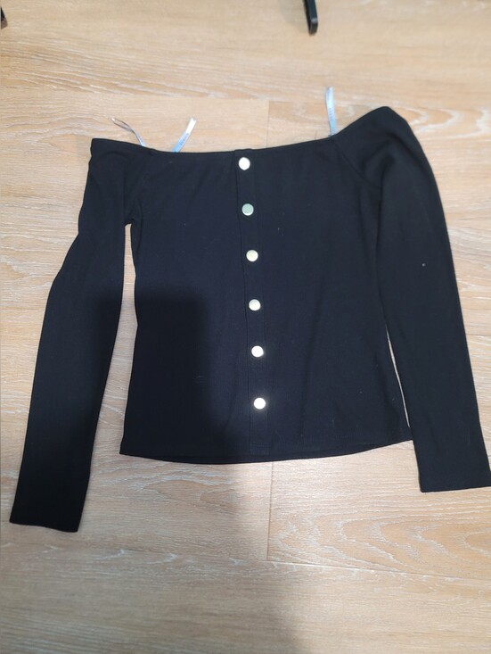 Guess Tops - Guess Black Off-Shoulder Long Sleeve Top with Front Buttons